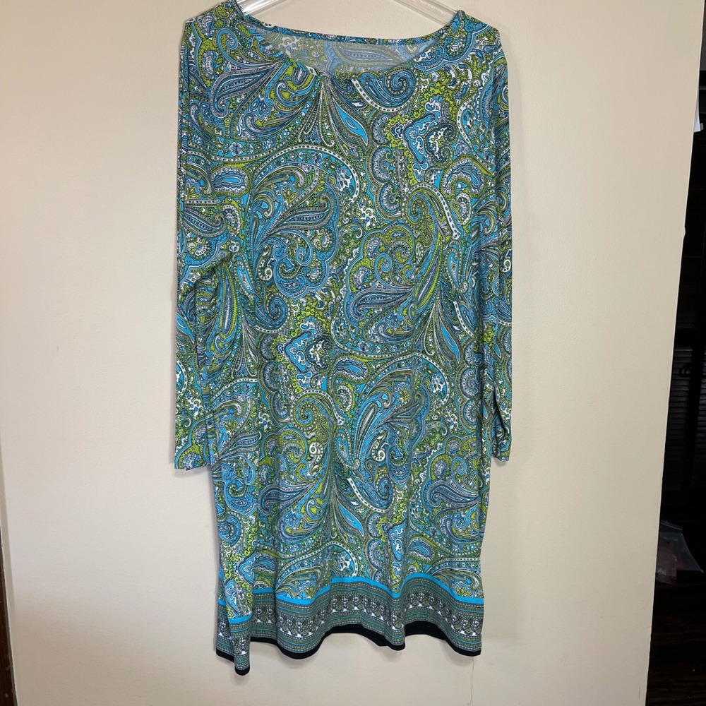 Michael Kors Blue Green Paisley Print Long Sleeve Shift Dress Womens Size XL